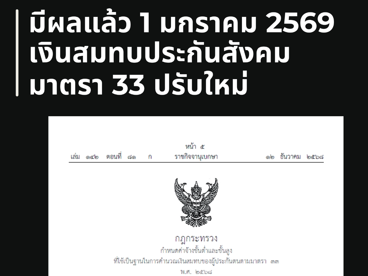ราชกิจจาฯ ประกาศแล้ว! ปรับเพดาน "เงินสมทบประกันสังคม" ม.33 เริ่ม 1 ม.ค. 2569 จ่ายเพิ่ม... แต่สิทธิประโยชน์ "เพิ่มคุ้ม" ยิ่งกว่า!